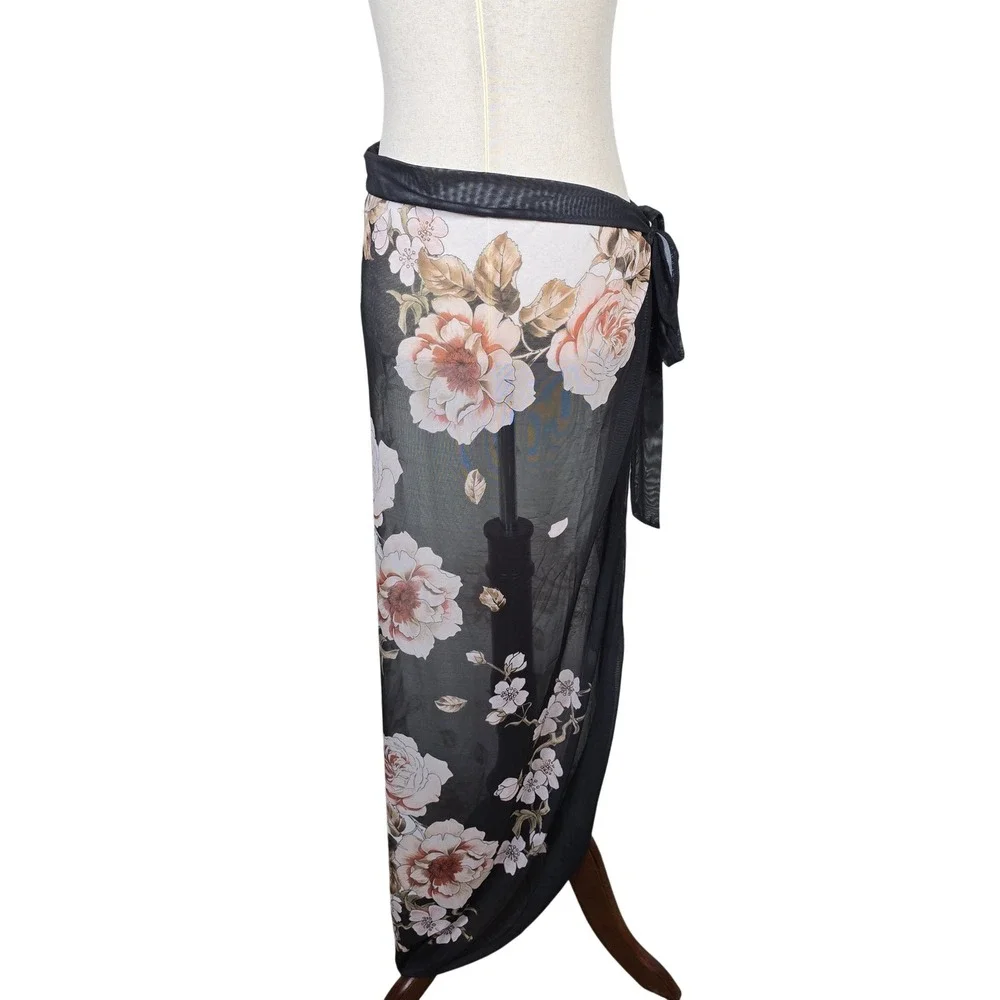 Womens Floral Mesh Sarong Wrap Skirt Swimsuit Cover Up Black White Large Long - Picture 3 of 4